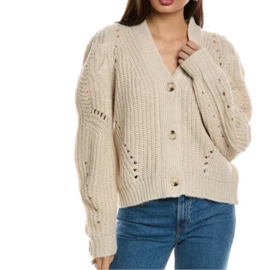 Driftwood Emie Cropped Cardigan Cream Openwork Knit Button-Up Sweater Medium
